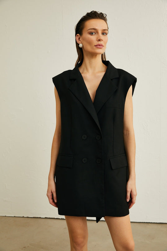 Maya Black Sleeveless Bow Detail Double-Breasted Blazer