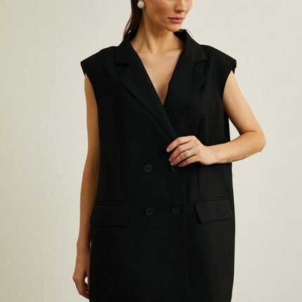 Maya Black Sleeveless Double-Breasted Blazer with Bow Detailing