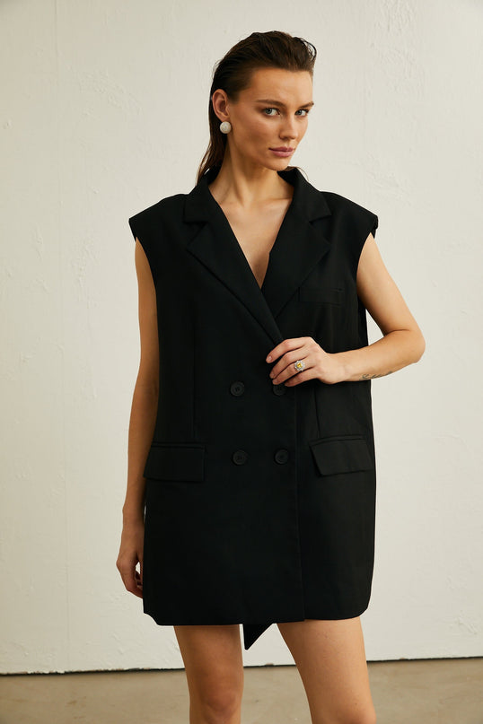 Maya Black Sleeveless Double-Breasted Blazer with Bow Detailing