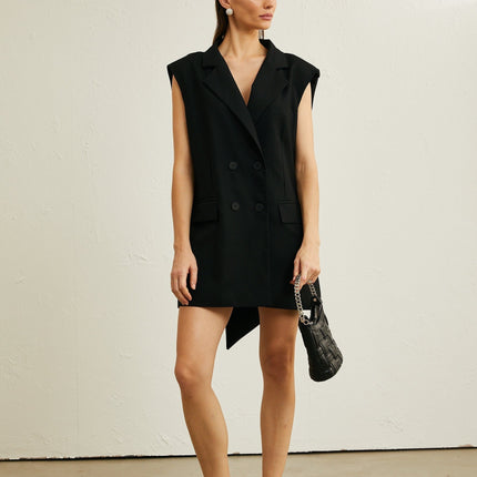 Maya Black Blazer with Notched Lapels and Sleeveless Design