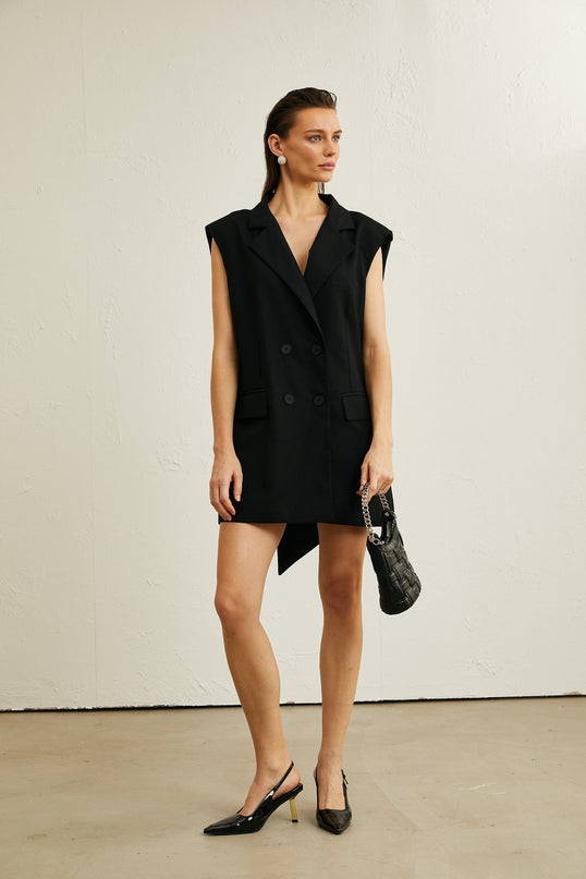 Maya Black Blazer with Notched Lapels and Sleeveless Design