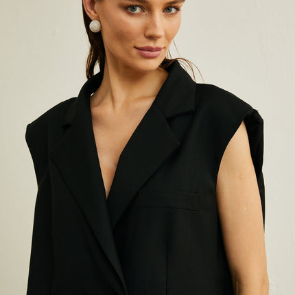 Maya Black Sleeveless Double-Breasted Blazer with Rear Bow Detailing and Notched Lapels