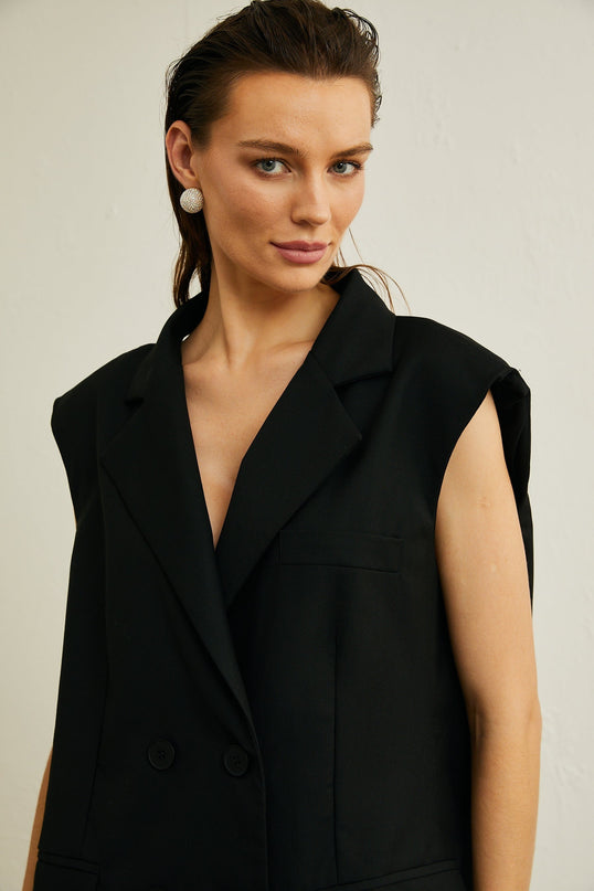Maya Black Sleeveless Double-Breasted Blazer with Rear Bow Detailing and Notched Lapels