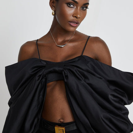 Maya Black Bow Detail Sleeveless Crop Top Polyester Cotton Blend