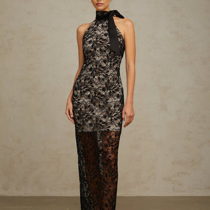Maya Black Floral Maxi Dress Lace Halterneck Bodycon Silhouette Zip Fastening Neck Tie Allure 75% Polyamide 25% Cotton Special Occasion