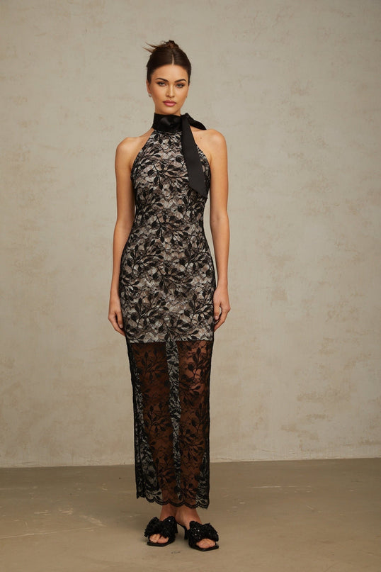 Maya Black Lace Halterneck Floral Maxi Dress
