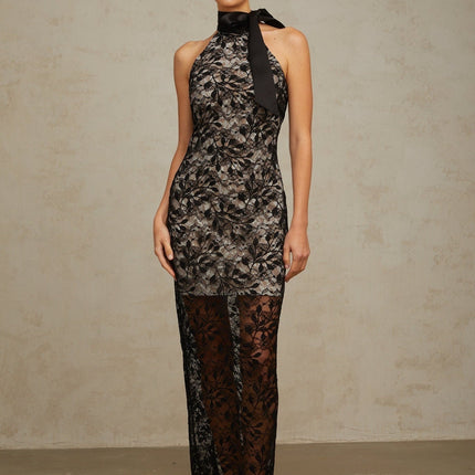 Maya Black Lace Halterneck Floral Maxi Dress