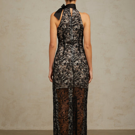 Maya Black Lace Halterneck Maxi Dress with Layered Detailing and Bodycon Silhouette