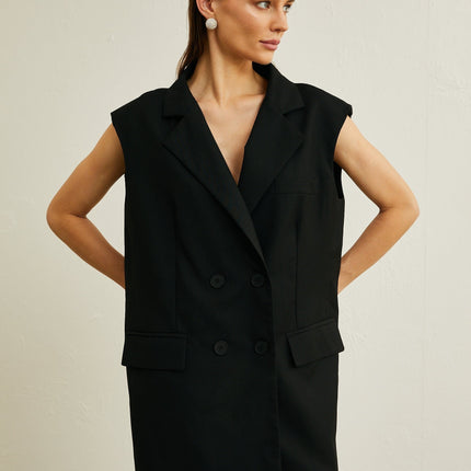 Maya Black Sleeveless Double-Breasted Blazer with Bow Detailing