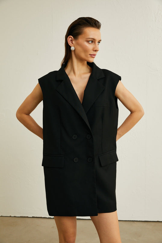 Maya Black Sleeveless Double-Breasted Blazer with Bow Detailing