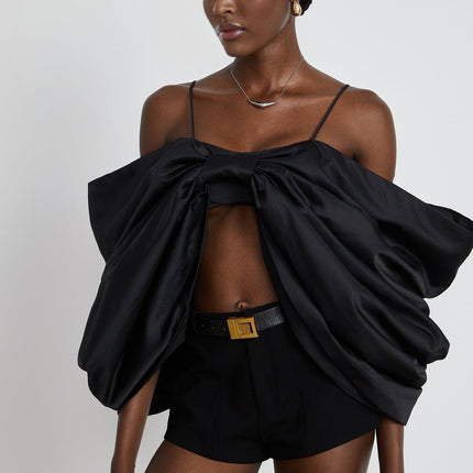 Maya Black Sleeveless Top with Bow Detail and Spaghetti Straps