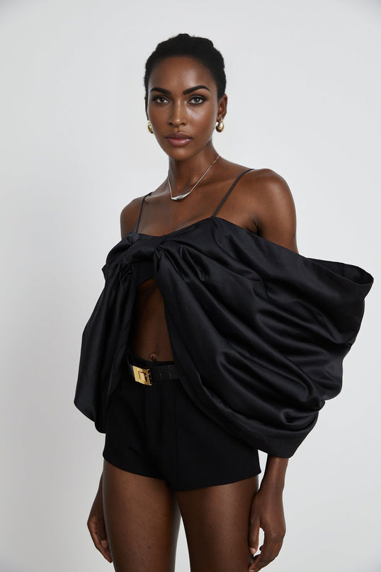 Maya Black Sleeveless Top with Bow Detail and Spaghetti Straps