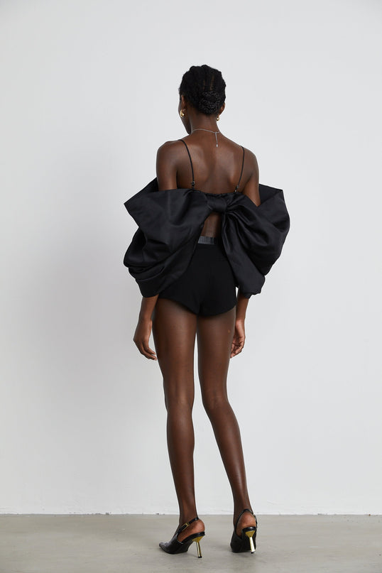 Maya Black Sleeveless Top with Spaghetti Straps and Bow Detail