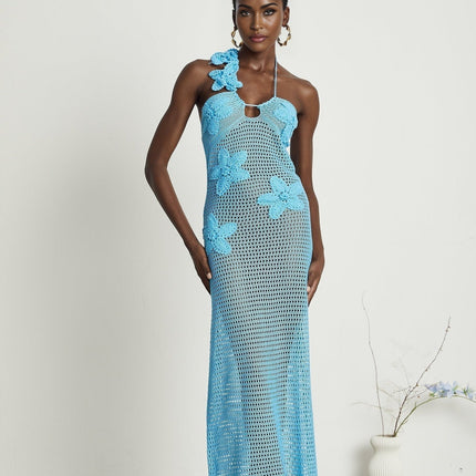 Maya Blue Maxi Dress Halterneck Open Back Cut-Out Bustier Faux-Flower Embellishments Knitted Stretch Fabrics Polyester