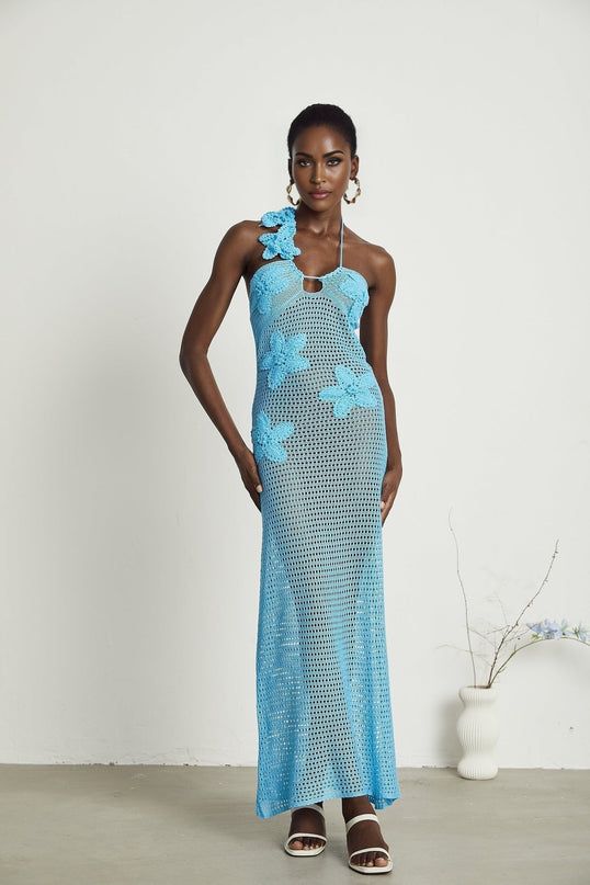 Maya Blue Maxi Dress Halterneck Open Back Cut-Out Bustier Faux-Flower Embellishments Knitted Stretch Fabrics Polyester