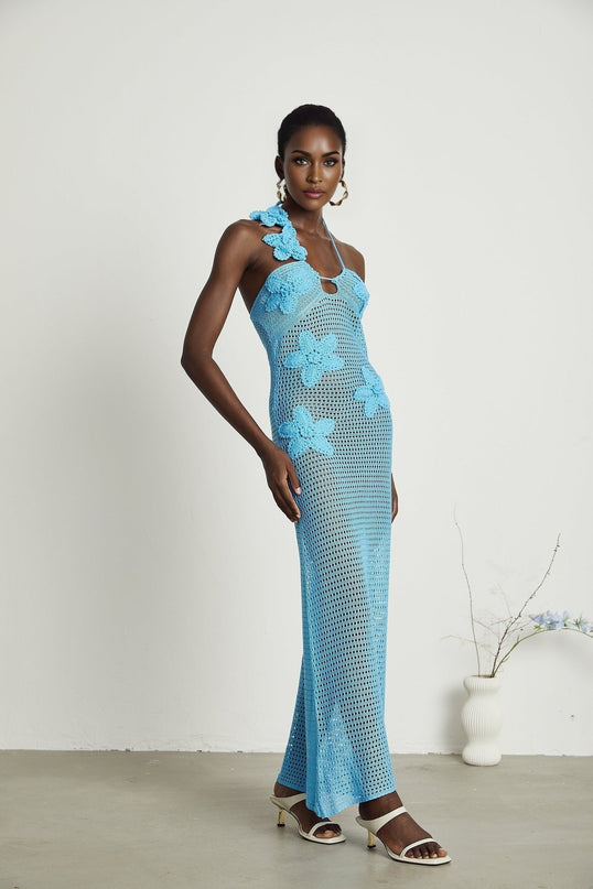 Maya Blue Maxi Dress with Halterneck Design and Open Back