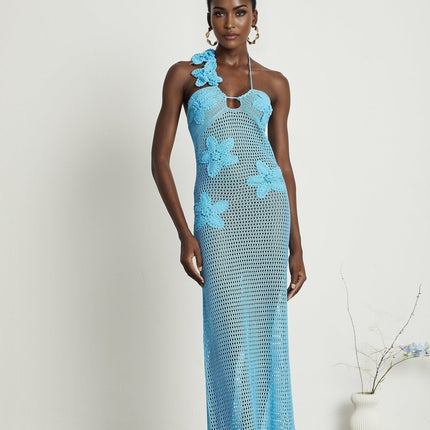 Maya Blue Maxi Dress with Halterneck Design and Open Back