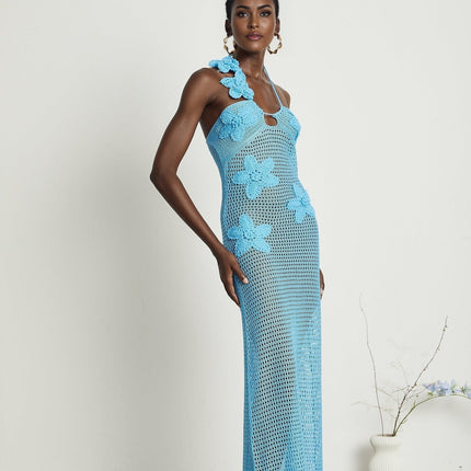Maya Blue Maxi Dress with Halterneck Design and Open Back