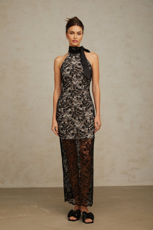 Maya Floral Maxi Dress Black Lace Halterneck Bodycon Silhouette Layered Detailing Special Occasion