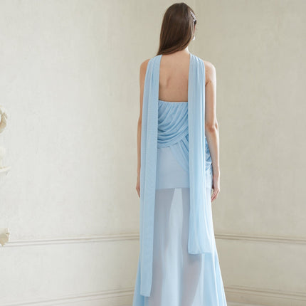 Maya Maxi Dress Blue Mesh Underwire Bra Off Shoulder Ruched Scarf Mermaid Hem Terylene Fiber Cinched Waist Side Zip