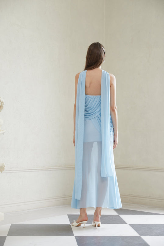 Maya Maxi Dress Blue Mesh Underwire Bra Off Shoulder Ruched Scarf Mermaid Hem Terylene Fiber Cinched Waist Side Zip
