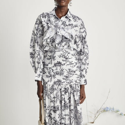 Maya White Graphic Print Matching Set Shirt Skirt Viscose Ruched Pleat Detailing High Slit