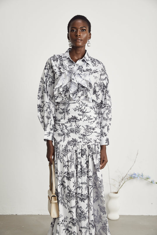 Maya White Graphic Print Matching Set Shirt Skirt Viscose Ruched Pleat Detailing High Slit