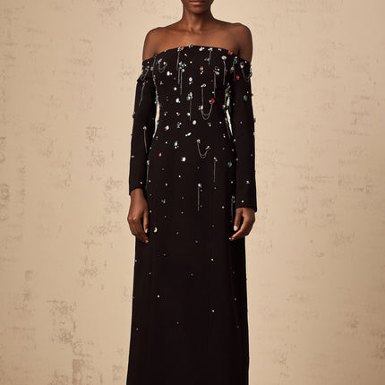 Mckenna Black Maxi Dress with Crystal Embellishments and Fringe Details