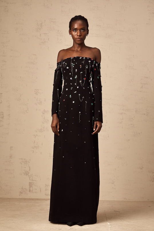 Mckenna Black Maxi Dress with Crystal Embellishments and Fringe Details