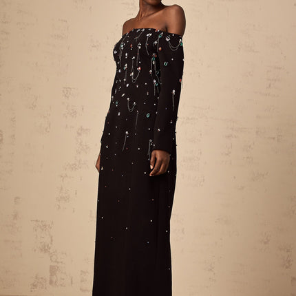Mckenna Black Maxi Dress with Crystal Embellishments and Fringe Details