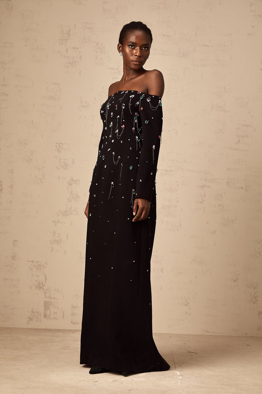 Mckenna Black Maxi Dress with Crystal Embellishments and Fringe Details