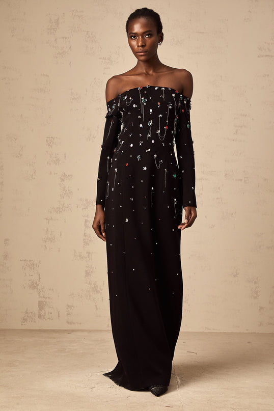 Mckenna Black Maxi Dress with Crystal Embellishments and Fringe Details