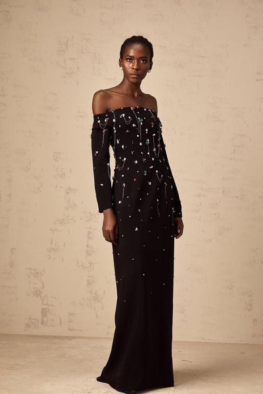 Mckenna Black Maxi Dress with Crystal Embellishments and Fringe Details