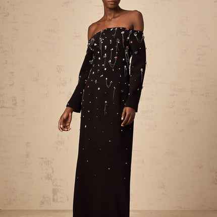 Mckenna Black Maxi Dress with Crystal Embellishments and Fringe Details