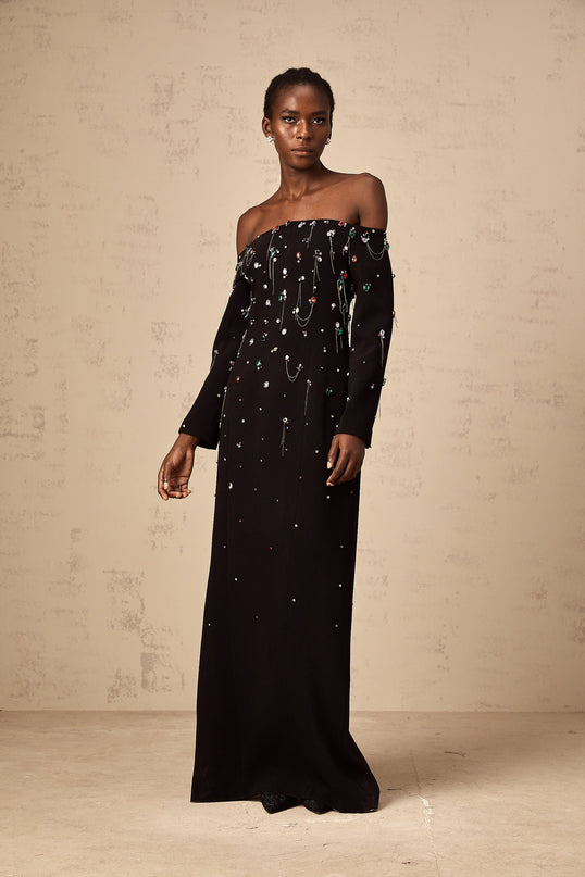 Mckenna Black Maxi Dress with Crystal Embellishments and Fringe Details