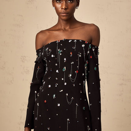 Mckenna Black Maxi Dress with Crystal Embellishments and Fringe Details