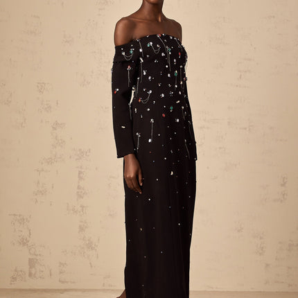 Mckenna Black Maxi Dress with Crystal Embellishments and Fringe Details