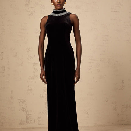 Meghan Black Velvet Crystal Embellished Gown with Open Back and Rear Slit