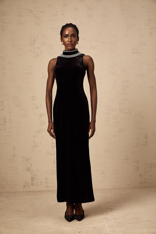 Meghan Black Velvet Crystal Embellished Gown with Open Back and Rear Slit