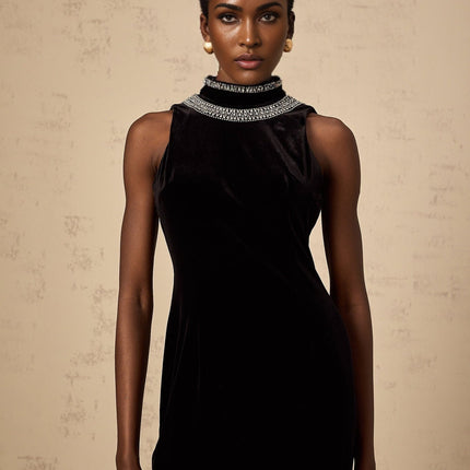 Meghan Black Velvet Crystal Embellished Gown with Open Back and Rear Slit