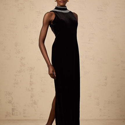 Meghan Black Velvet Crystal Embellished Sleeveless Gown with Open Back and Mock Neck