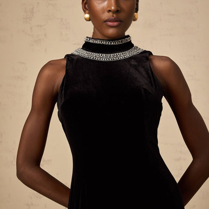 Meghan Black Velvet Crystal Embellished Gown with Open Back and Rear Slit