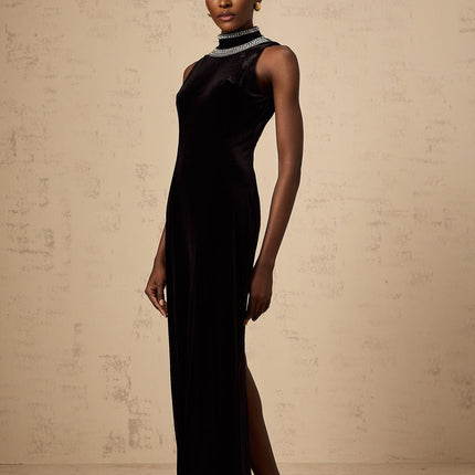 Meghan Black Velvet Crystal Embellished Gown with Open Back and Rear Slit