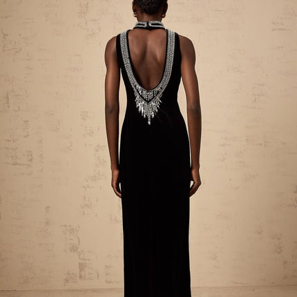 Meghan Black Velvet Crystal Embellished Gown with Open Back and Rear Slit