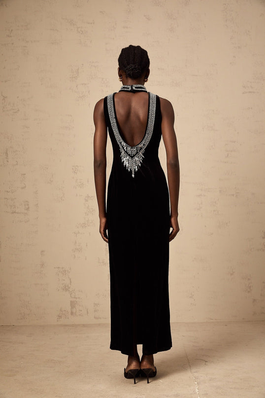 Meghan Black Velvet Crystal Embellished Gown with Open Back and Rear Slit