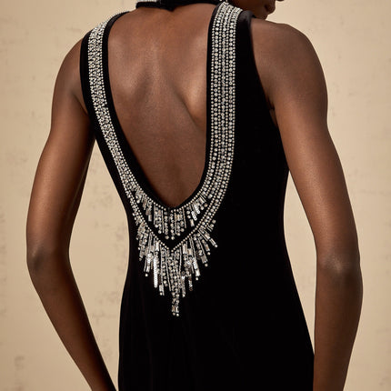 Meghan Black Velvet Crystal Embellished Gown with Open Back and Rear Slit