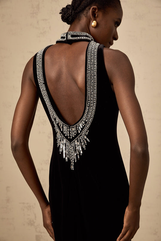 Meghan Black Velvet Crystal Embellished Gown with Open Back and Rear Slit