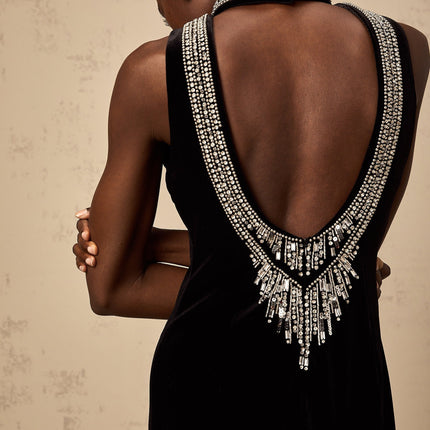 Meghan Black Velvet Crystal Embellished Gown
