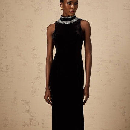 Meghan Black Velvet Crystal Embellished Gown with Open Back and Rear Slit