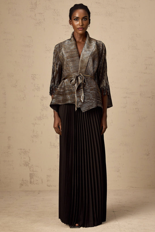 Melanie Black and Gold Gilded Cape Design Top and Skirt Set